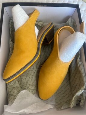 Kelsi Dagger Mustard Yellow Suede Slingback Mules (Anthropologie)
